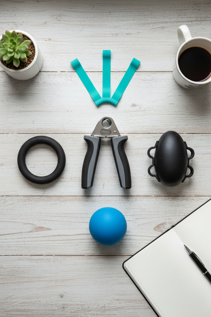 Flat lay of 5-piece hand grip strengthener kit arranged on a wooden desk
